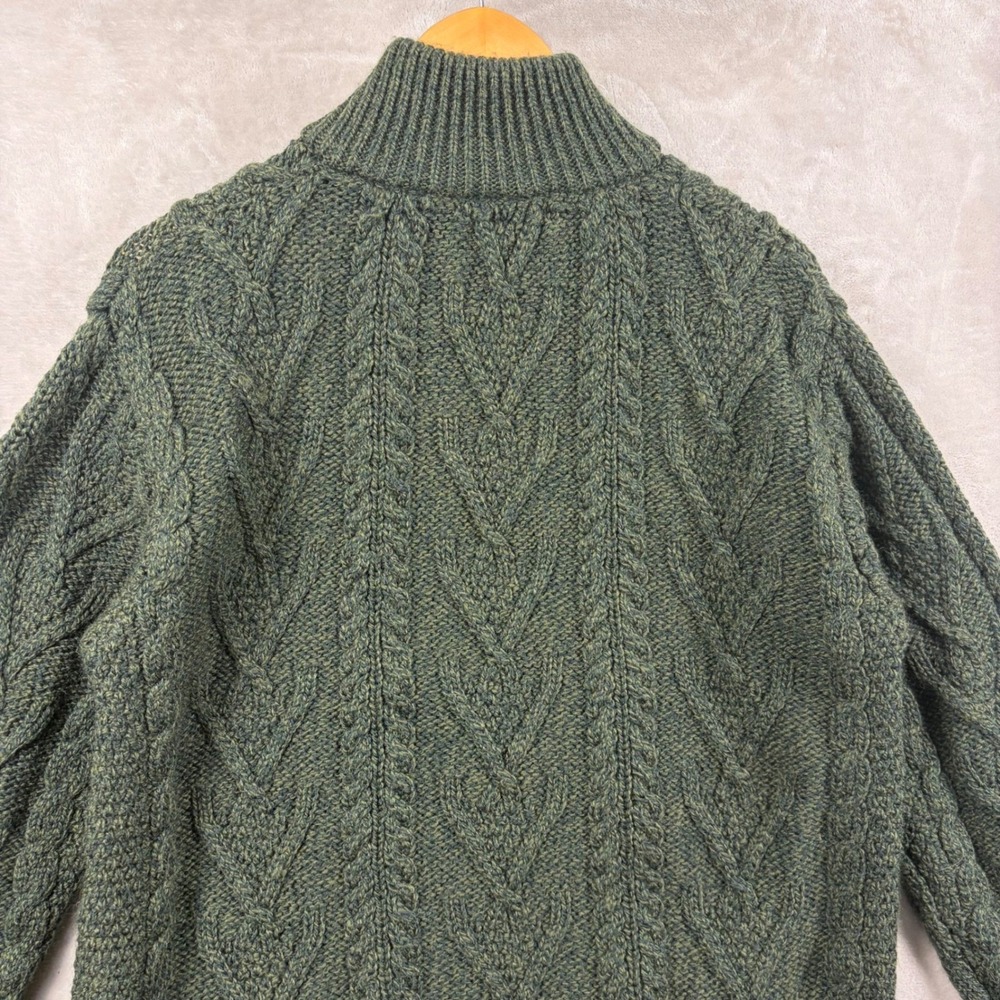 SAOL Ireland Mens L Green Aran Cable Knit Full Zip Cardigan Sweater 100% Merino - Picture 9 of 10